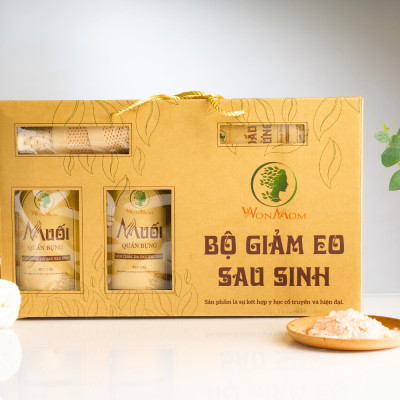 Bộ giảm eo sau sinh Wonmom ( 4 Muối quấn bụng + 1 Dầu gừng + 1 Gen nịt bụng + 1 Đai muối )