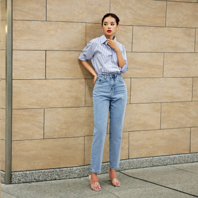 Quần Mom Jeans Lưng Cao Màu Classic Blue Aaa Jeans