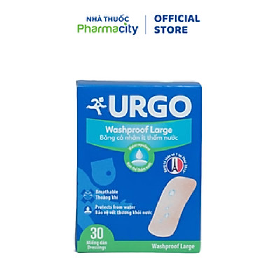 Băng cá nhân ít thấm nước URGO Washproof Large bảo vệ vết thương khỏi nước 3.8cm x 7.2cm (30 miếng)