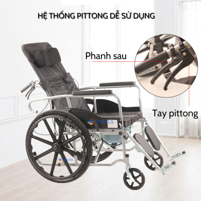 Xe lăn tay ngả giường pittong tích hợp bô vệ sinh, khung xe chắc chắn chịu tải trọng cao, hệ thống phanh trước - sau an toàn, chính hãng Nikita