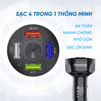 Tẩu Sạc Xe Ô Tô 4 Cổng USB Công Nghệ Sạc Nhanh QC 3.0A | Tẩu Sạc Điện Thoại Dùng Trên Xe Ô Tô 4 Cổng USB Sạc Được Nhiều Thiết Bị Cùng Lúc, Hỗ Trợ Sạc Nhanh QC 3.0A