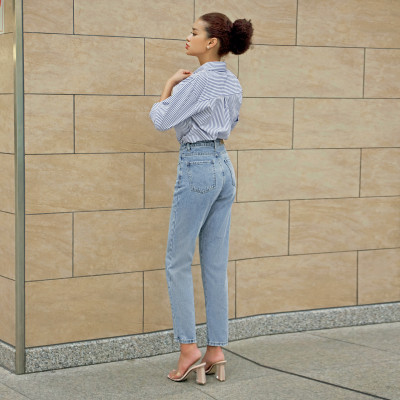 Quần Mom Jeans Lưng Cao Màu Classic Blue Aaa Jeans